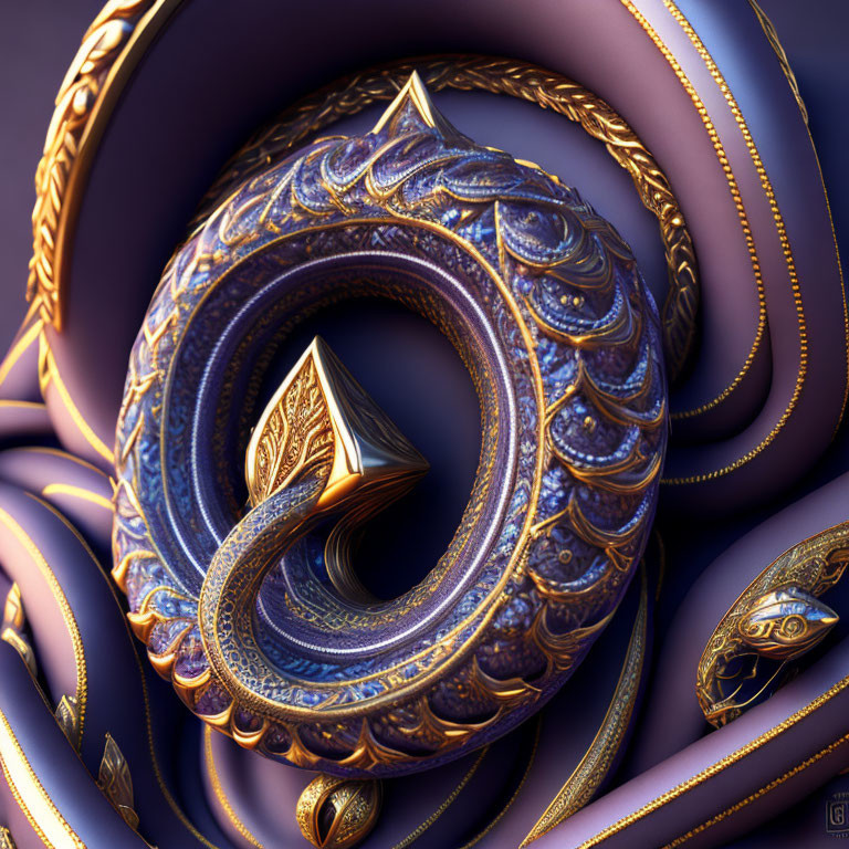 3D fractal design: Golden patterns on purple ribbon-like structures