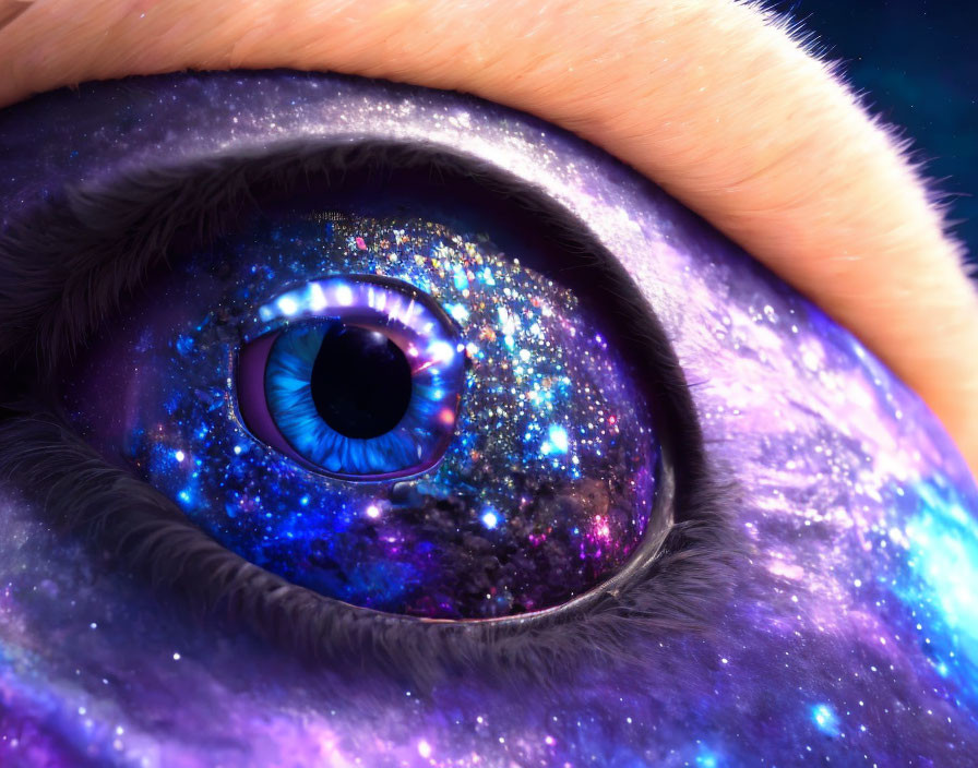 Detailed close-up of human eye with galaxy and stars reflected in blue iris