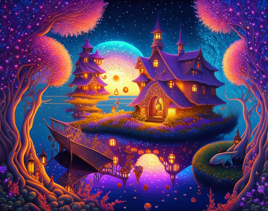 Whimsical fantasy landscape with glowing moon and dinosaur-like creature