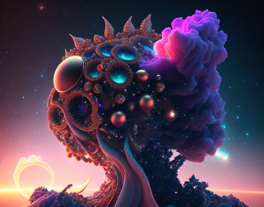 Surreal digital artwork: tree structure with fractal branches and cosmic sunset background