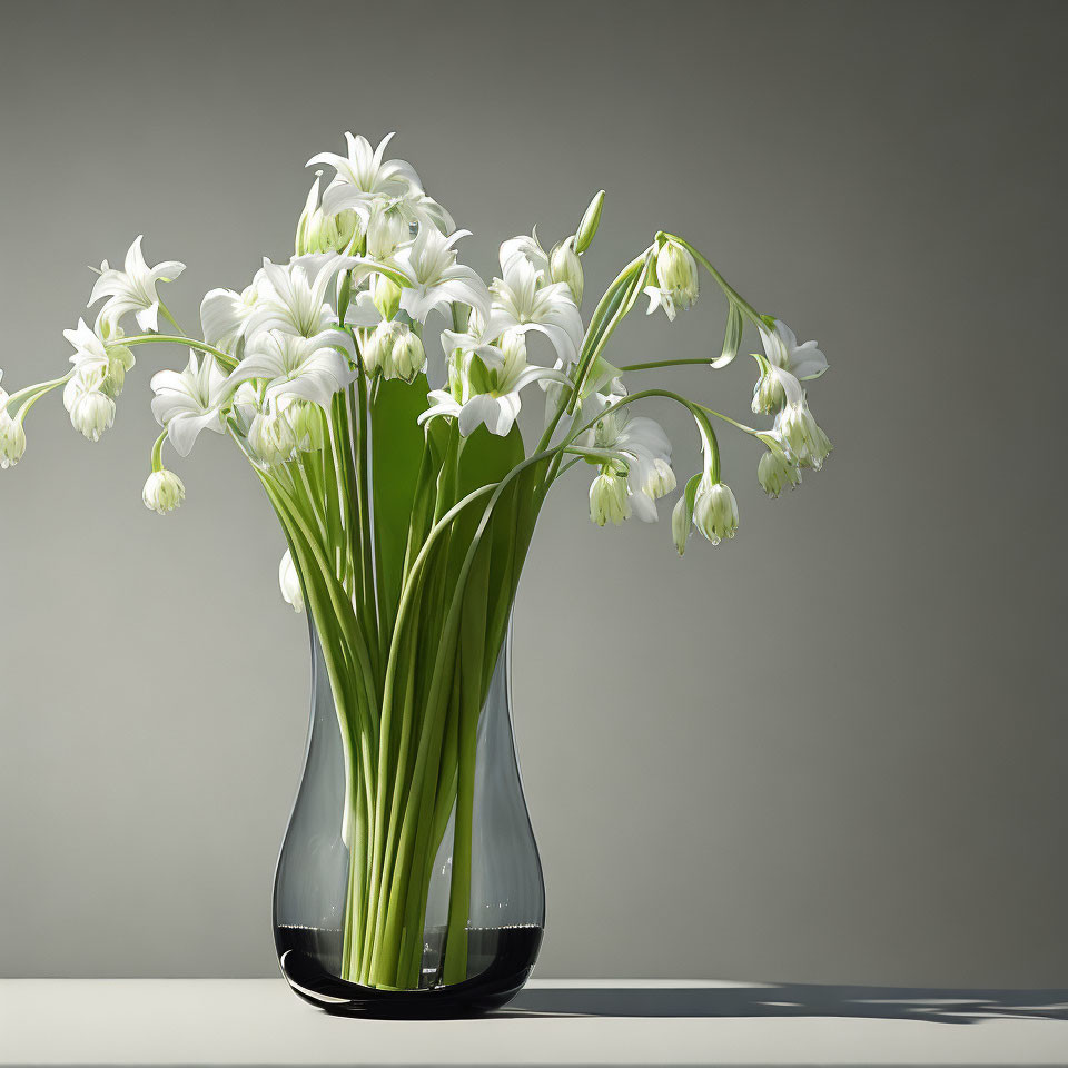 White lilies in vase on grey background with soft light: serene elegance