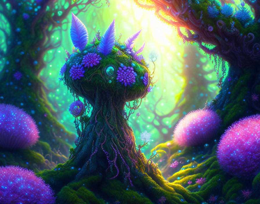 Colorful Fantasy Creature in Neon Forest with Floral Appearance