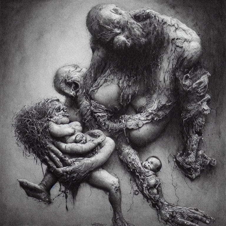 Detailed Monochromatic Surreal Family Artwork with Exaggerated Features