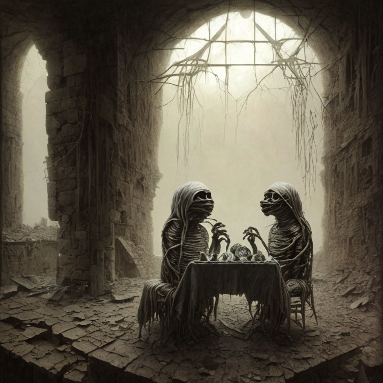 Skeletal figures in robes at a vine-covered table in a dilapidated room