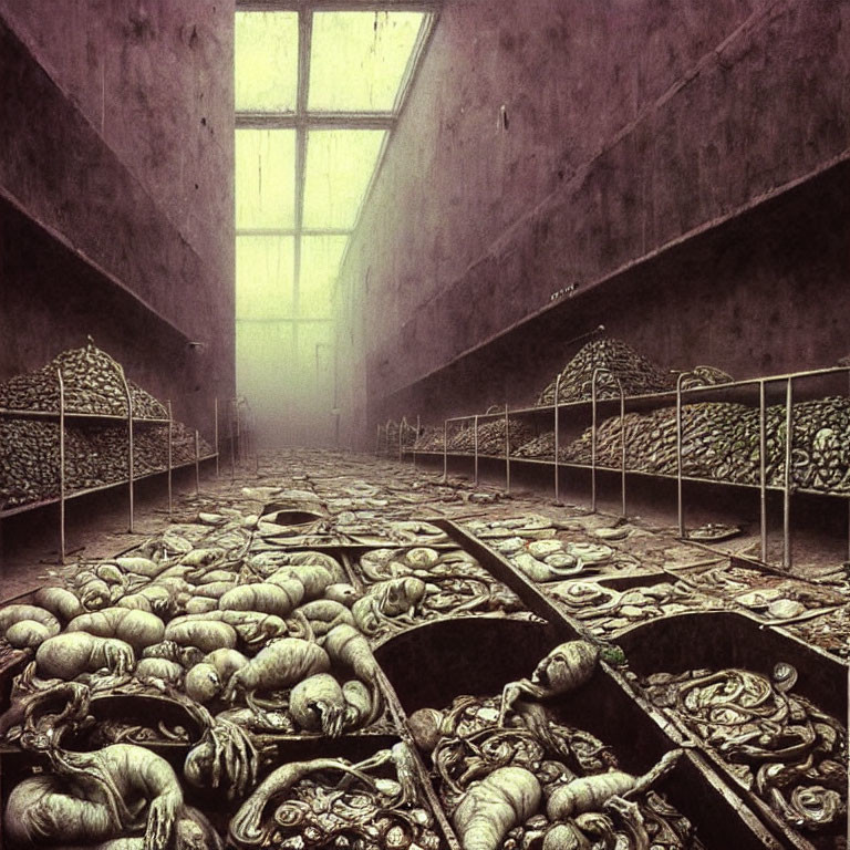 Desolate room with rows of pumpkin-like vegetables on beds, diffused light from large window.