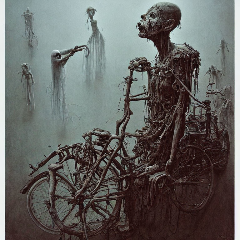 Surreal dark artwork: skeletal figure on dilapidated bicycle with ghostly entities