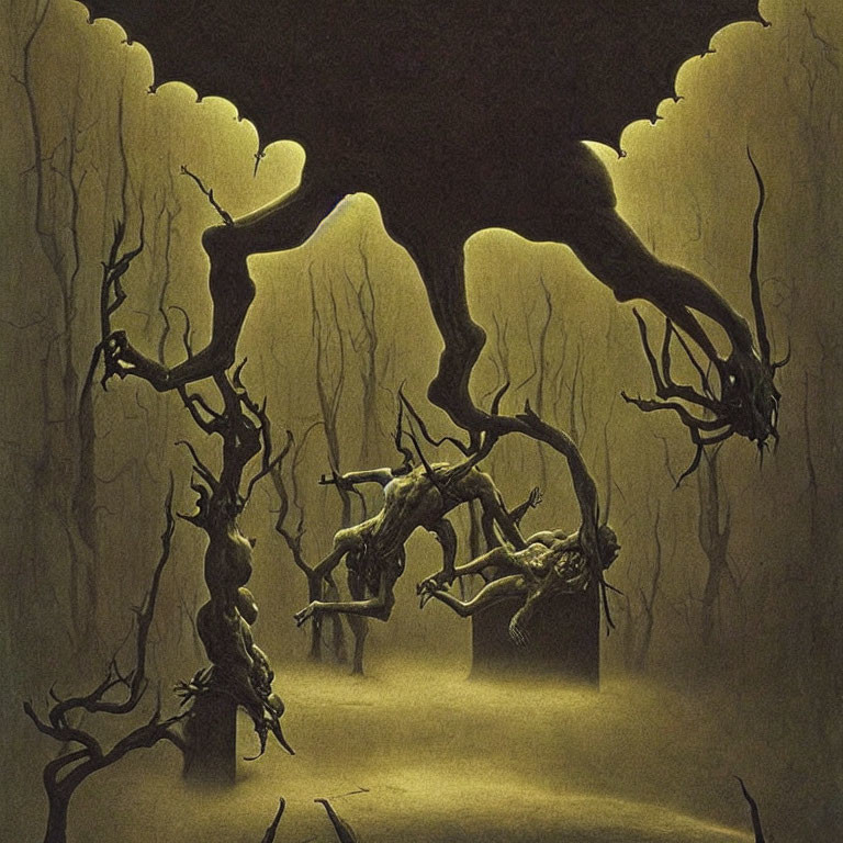 Surreal forest illustration with twisted trees and humanoid figures in yellow haze