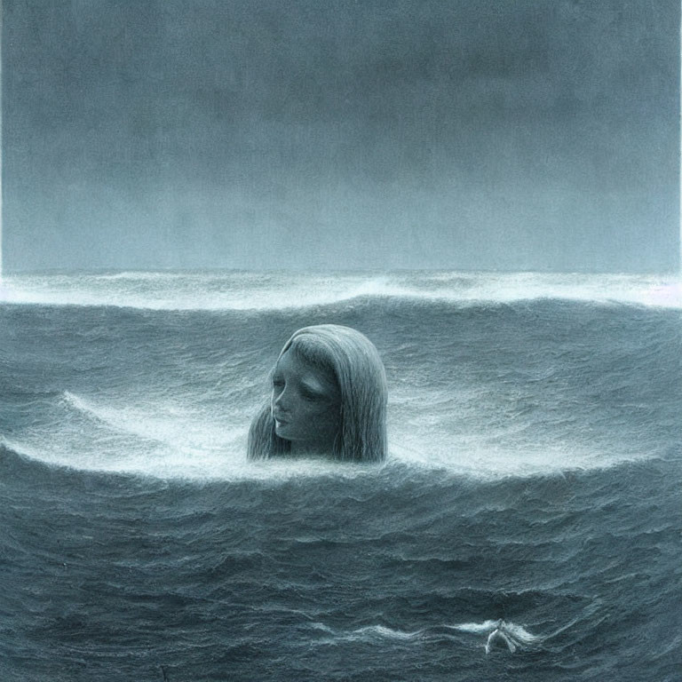 Surreal image of somber woman's face emerging from sea with wave-hair under gloomy