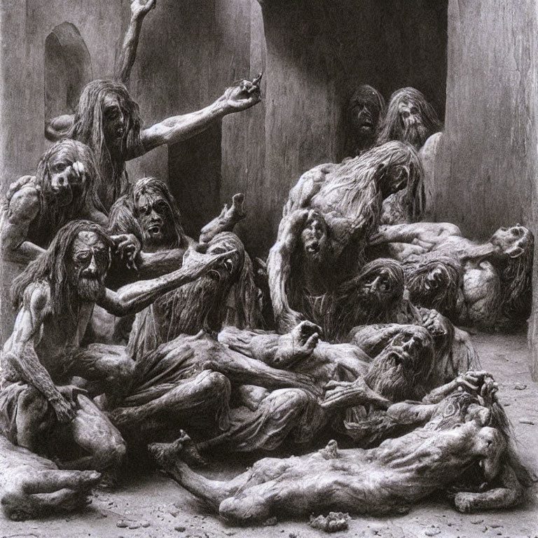 Monochrome artwork depicting emaciated figures in despair and anguish.