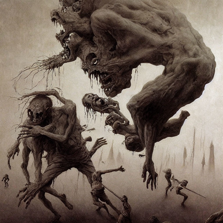 Monstrous entity with skeletal figures and anguished faces in dark landscape