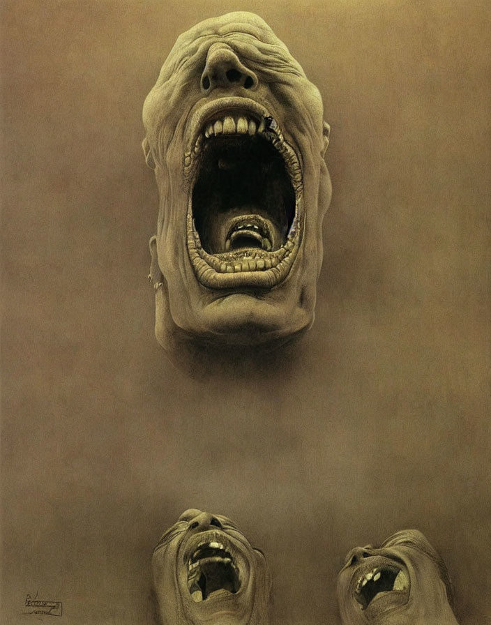 Distorted screaming faces in surreal artwork