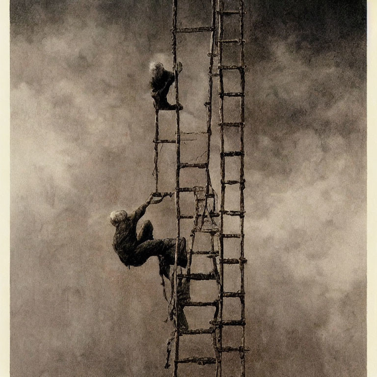 Two people climbing old rope ladder in vintage-style image