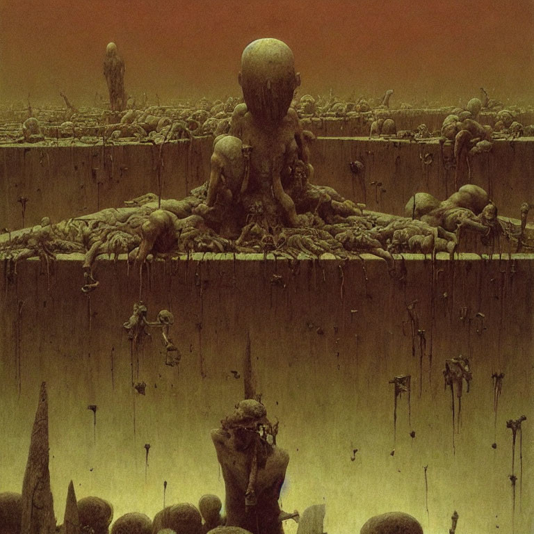 Dystopian landscape with humanoid figures in despair and mutation