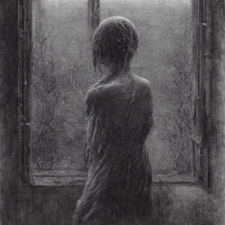 Monochromatic artwork: Person by window with branch-like patterns