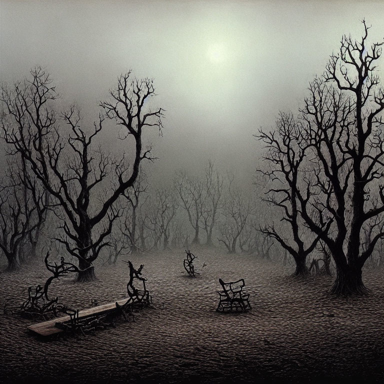 Moonlit foggy scene with bare trees and empty park benches