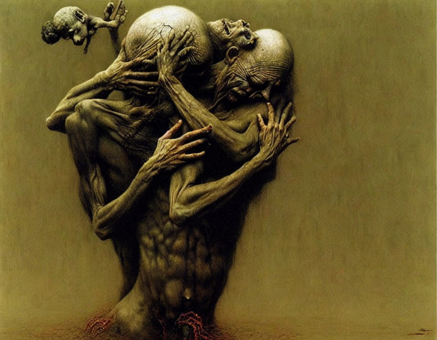 Surreal Artwork: Three Embracing Aged Figures