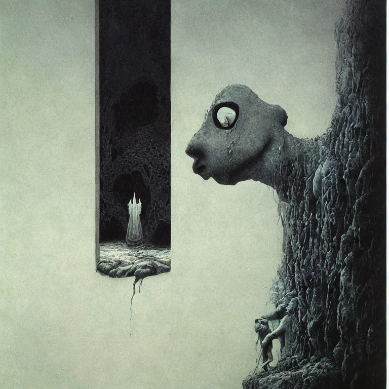 Monochrome surreal artwork: Human-like face with monocle, textured wall, small figure in doorway