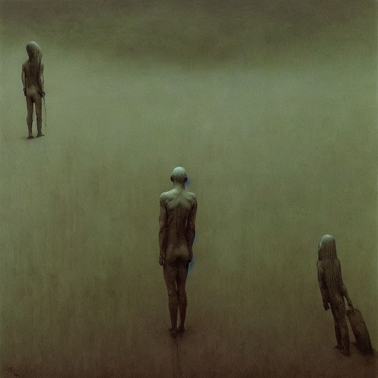 Surreal humanoid figures in foggy, muted space