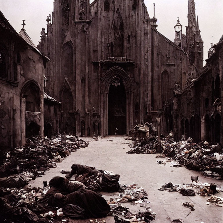 Desolate urban scene with sleeping figures near ruined church