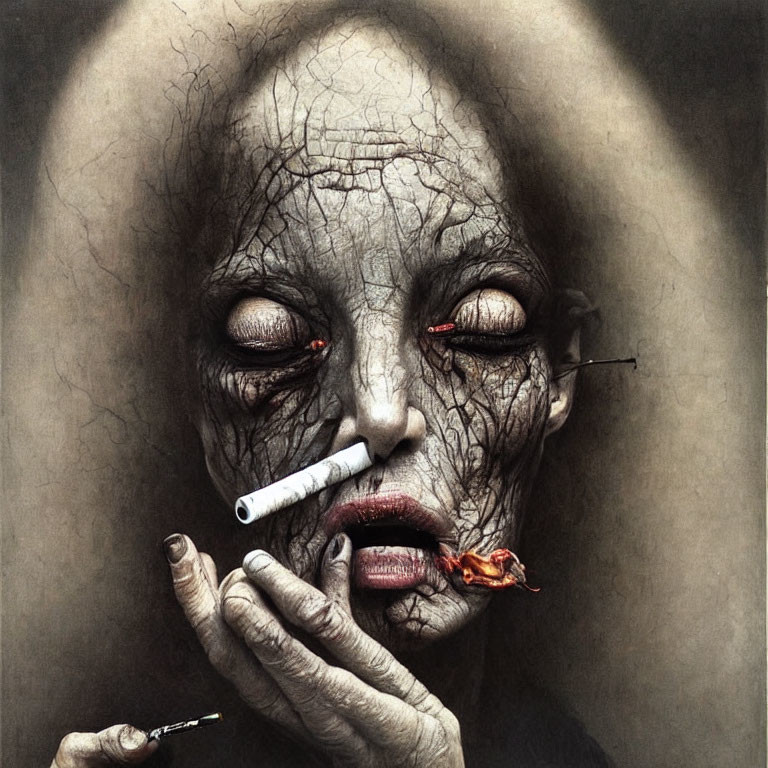 Illustration of person with cracked skin, red eyes, cigarette, and burning chili pepper.