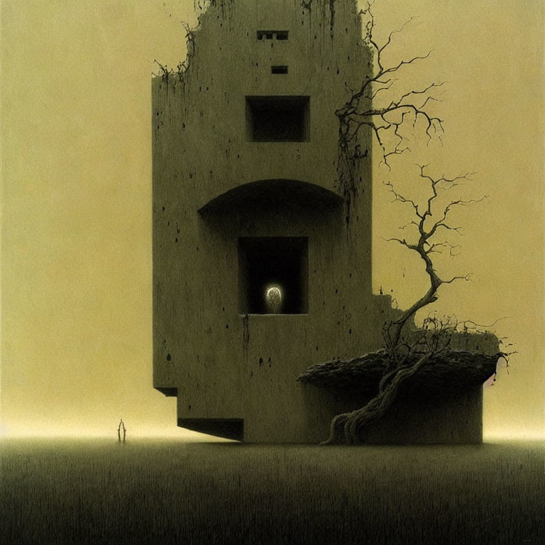 Lonely figure by monolithic building and barren tree on floating island under hazy sky