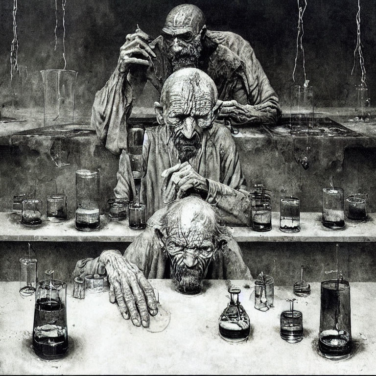 Elderly alchemists in monochrome artwork conducting experiments