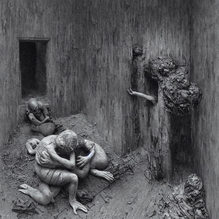 Surreal black and white artwork of emaciated figures in distressed environment