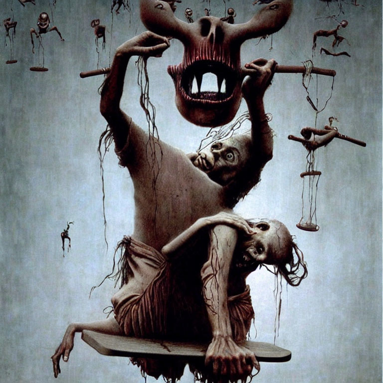 Surreal artwork of humanoid figure with upside-down head and exaggerated mouth cradling smaller version amidst