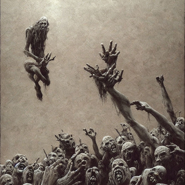 Monochrome artwork of distorted, ghastly figures in anguish