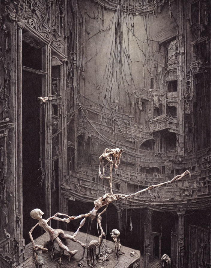 Skeletal figure in ornate chamber with hanging cables