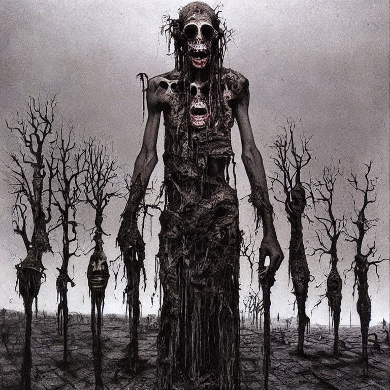 Elongated skull skeletal figure in desolate landscape