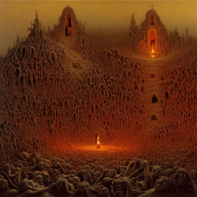 Surreal landscape with bone-like structures and central figure in warm glow