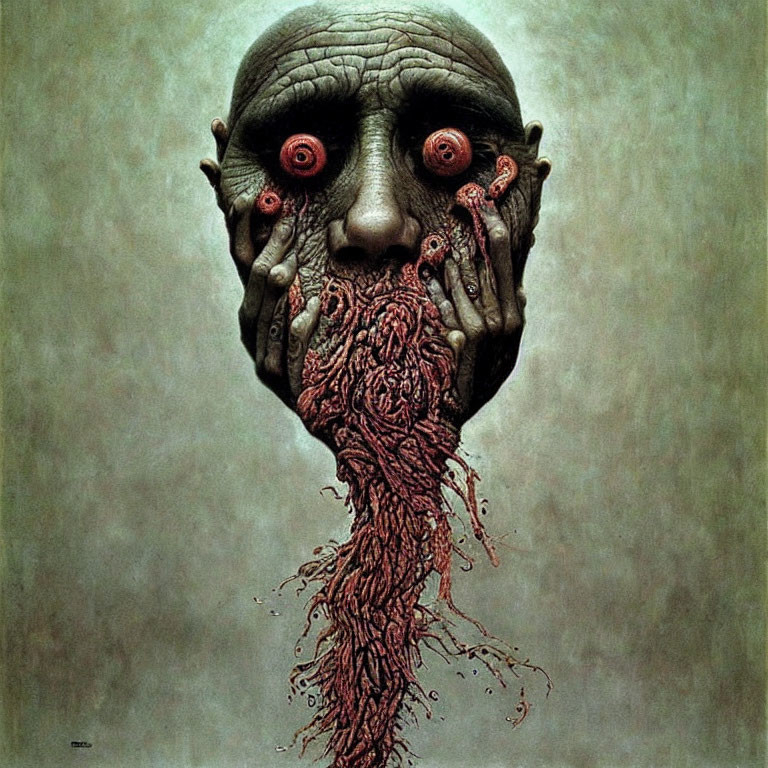 Surreal face with bulbous eyes and red tendrils