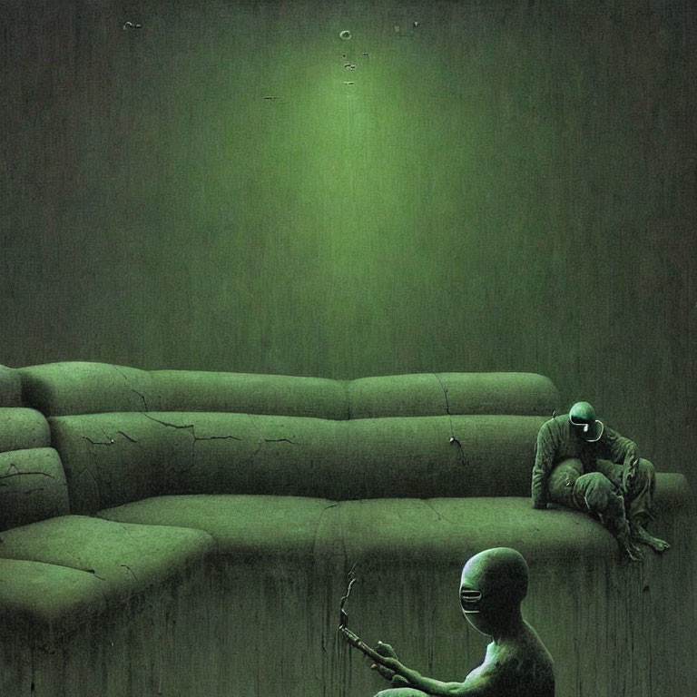 Two humanoid figures in dimly lit green room with large curved sofa, one seated on ground, other