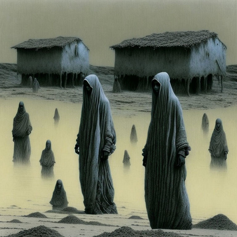 Surreal artwork: Cloaked figures in desert landscape with huts