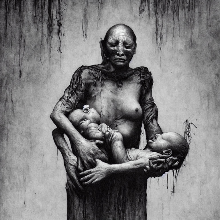 Grayscale artwork of somber figure holding infants on textured backdrop