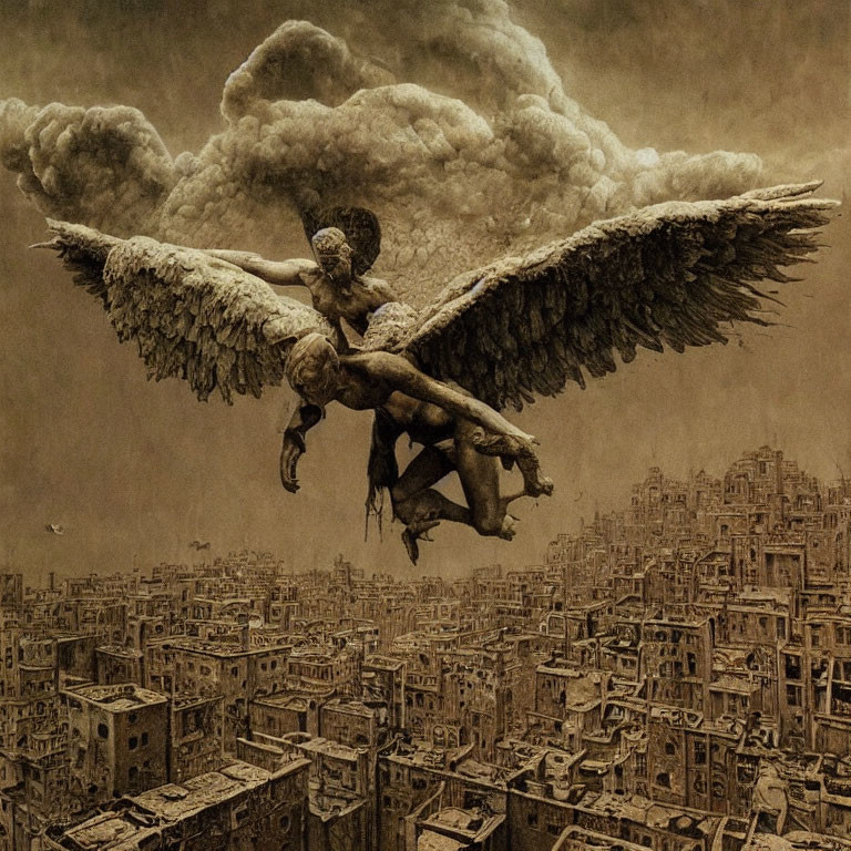 Large-winged angel hovers over dense cityscape under dramatic sky