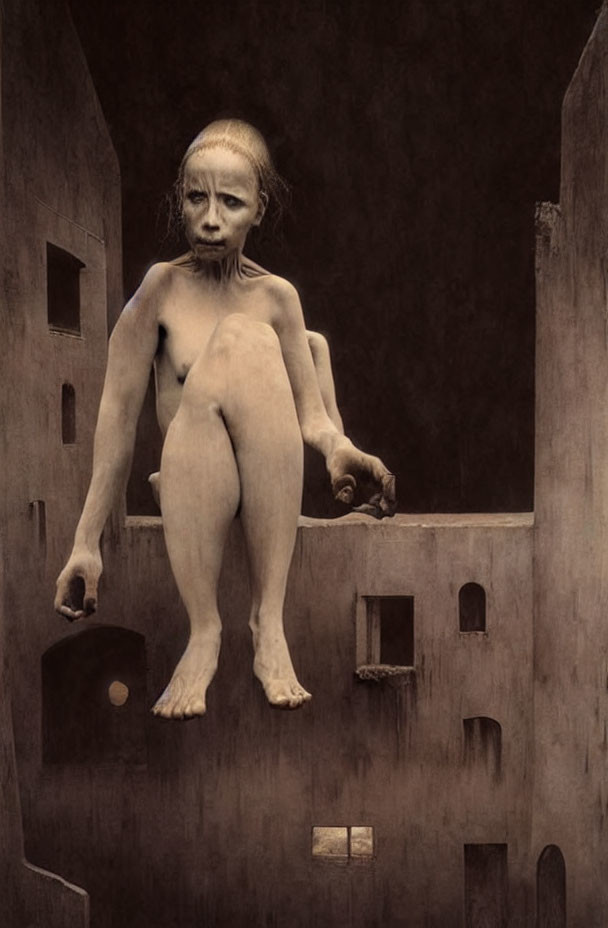 Surreal artwork: Bald humanoid figure on architectural structure