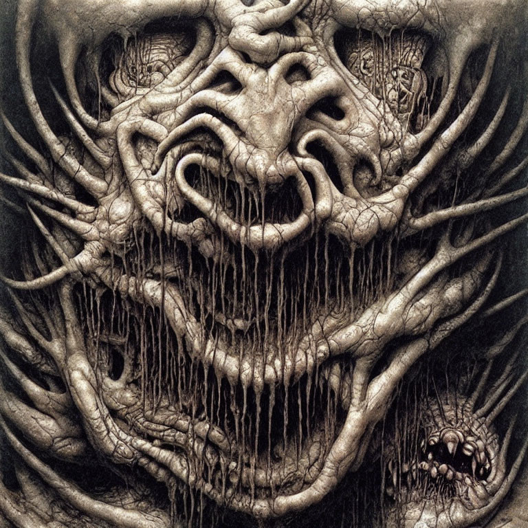 Detailed grotesque illustration of monstrous face with vein-like textures.