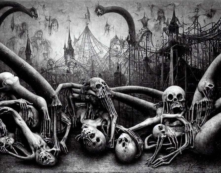 Monochromatic artwork: Skeletal figures in dystopian landscape