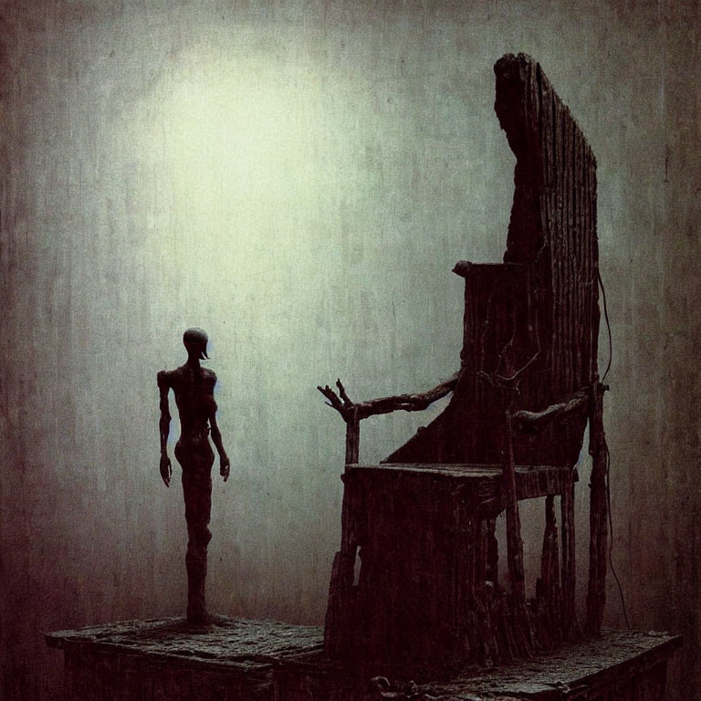 Silhouette of humanoid figure and skeletal chair on dark textured backdrop