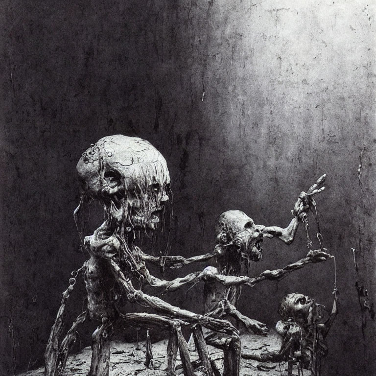 Elongated skeletal figures in dim, eerie setting, one with oversized head reaching out.