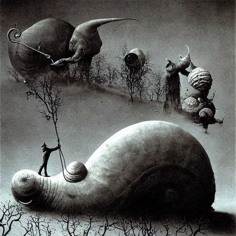 Monochromatic surreal landscape with oversized snails and barren trees