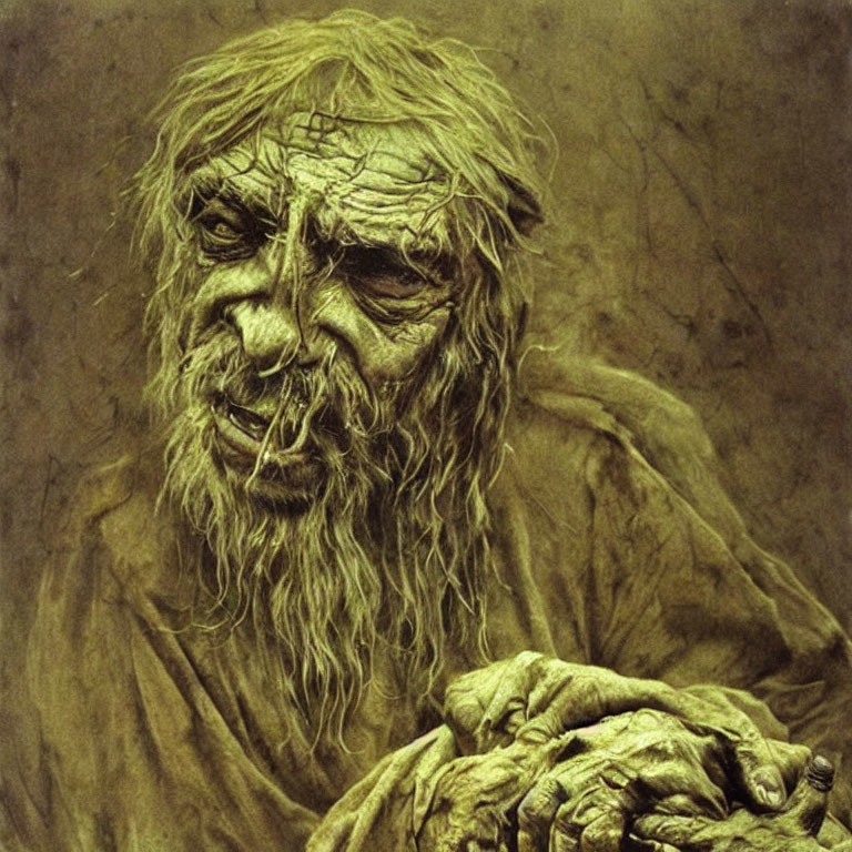 Elderly figure with long hair and beard, showing weariness