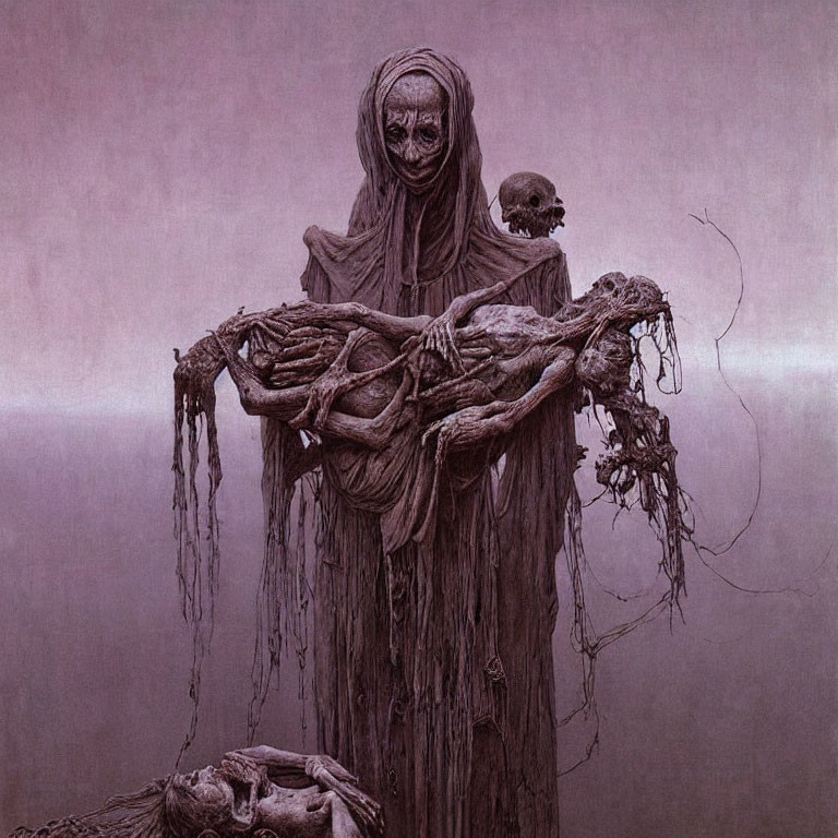 Dark Artwork: Cloaked Figure with Skeleton in Eerie Setting