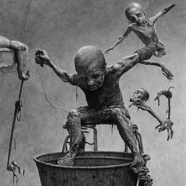 Monochrome artwork of eerie skeletal creatures around a central tub