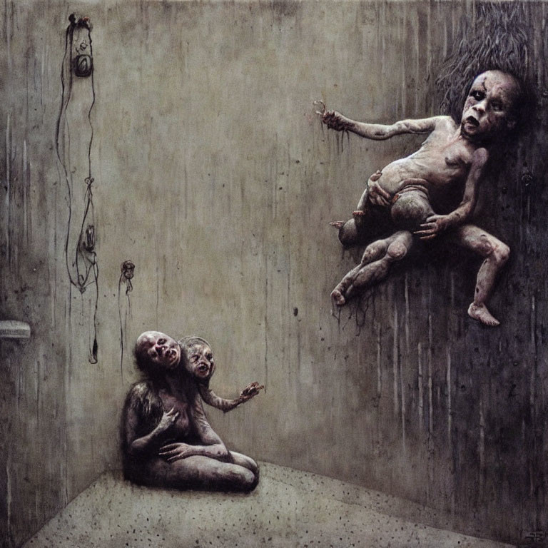 Surrealist painting of distorted humanoid figures in a bleak room