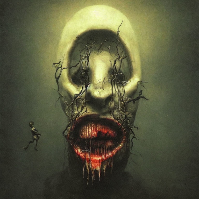 Surreal artwork featuring giant face with hollow eyes and dark vines