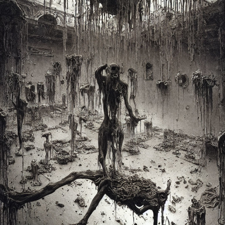 Dark room with skeletal figures and decaying elements