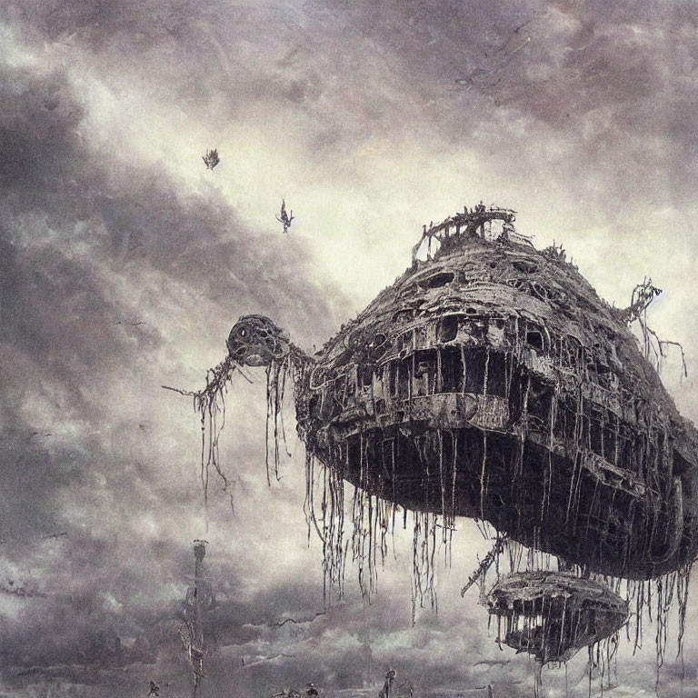 Decrepit futuristic airship in stormy skies with hanging tendrils and smaller vessels.